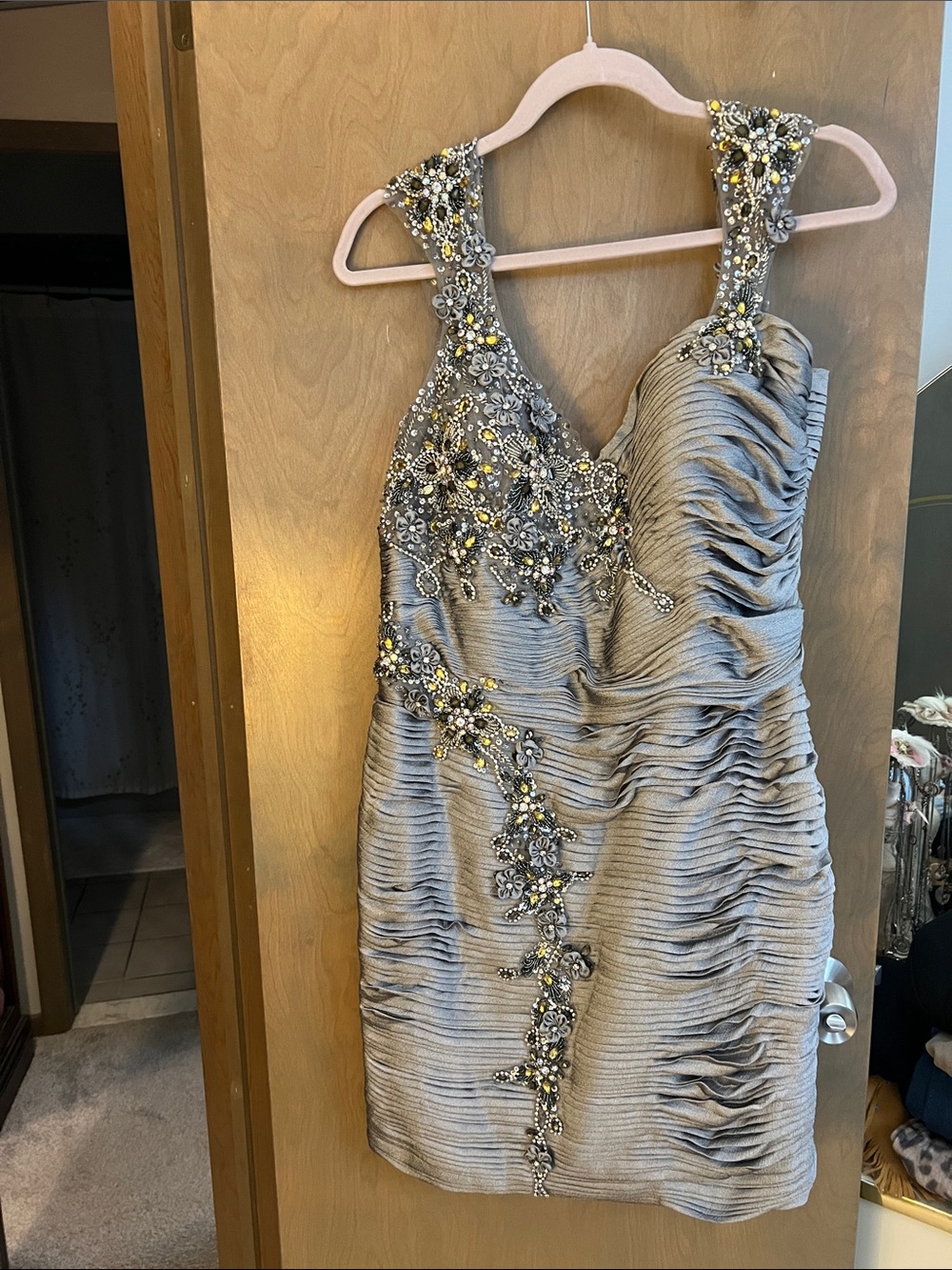 Terani Couture Silver Beaded Ruched Mini Dress